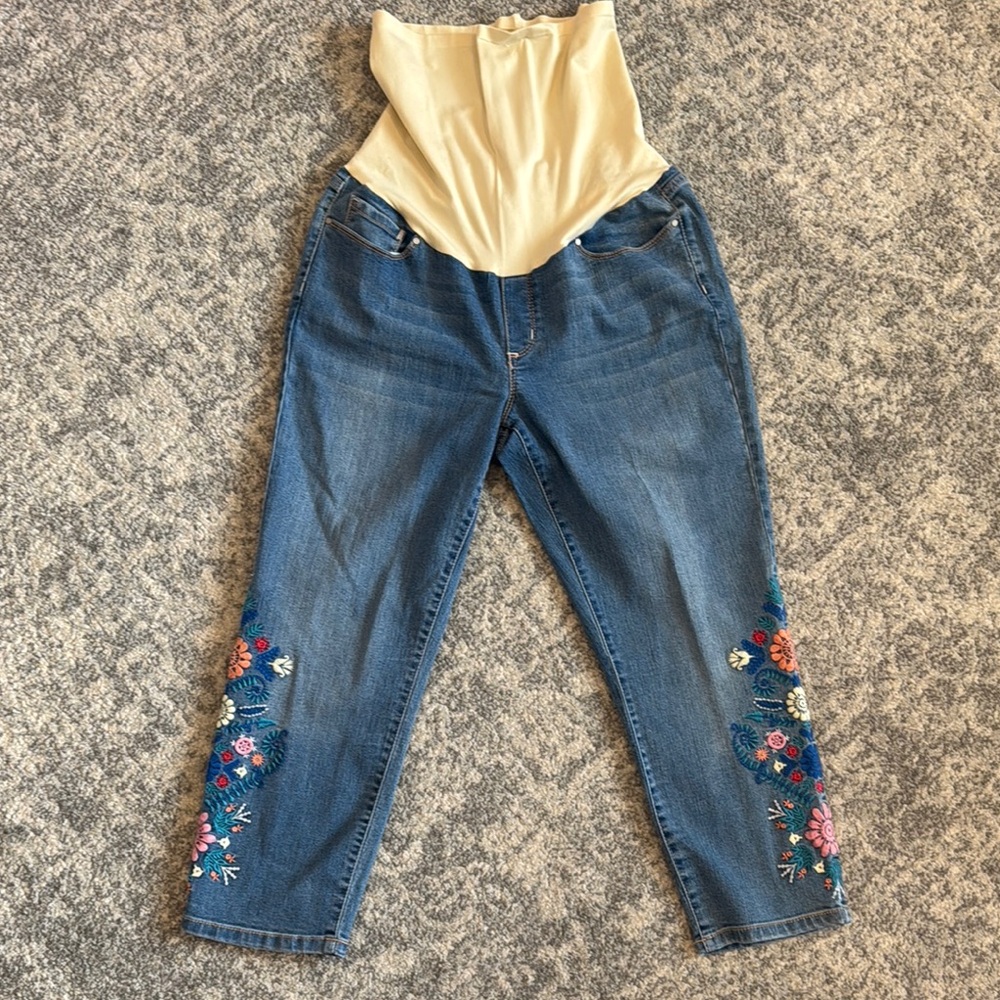 Flutter & Kick Maternity Skinny Ankle Embroidered Blue Jeans